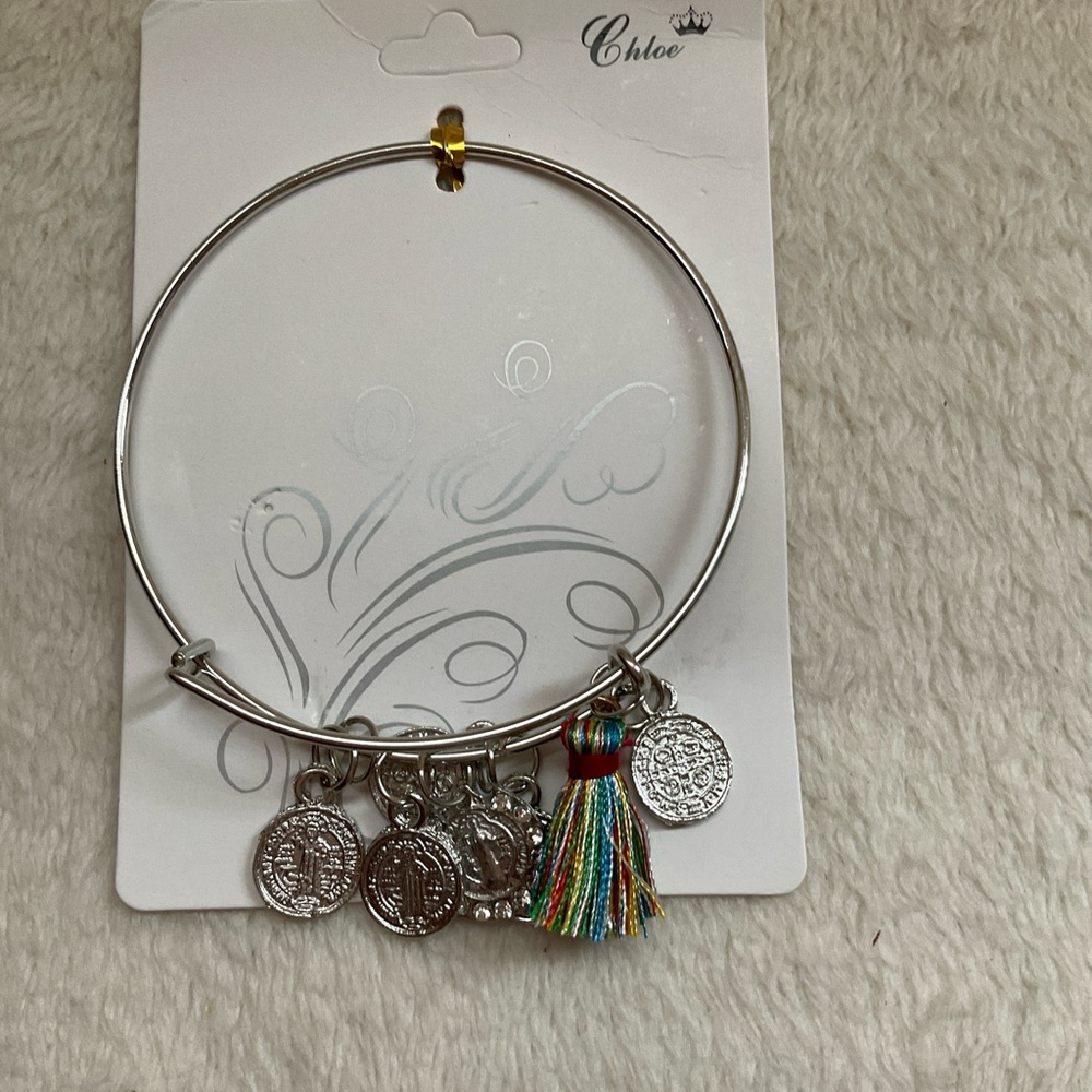 Chloe Silver-Tone Coin Charm Bracelet with Rainbow Tassel